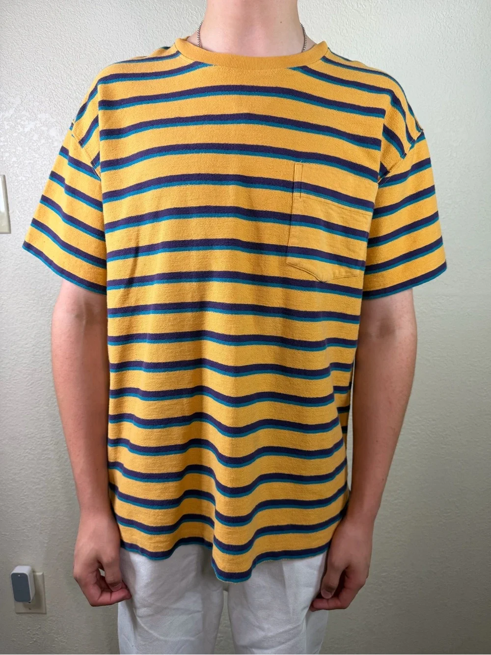 Urban Outfitters Mens Striped Pocket T-Shirt Size M Yellow Blue Retro Y2K Skate